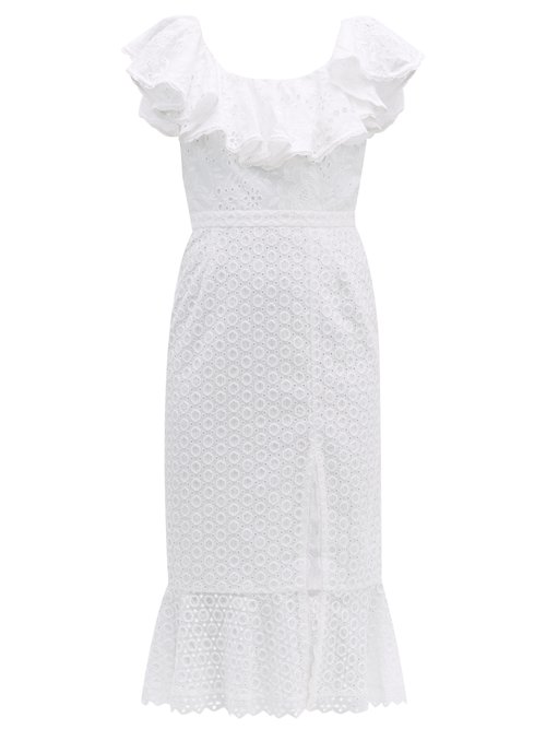 Saloni Ella Ruffled Cotton Broderie Anglaise Midi Dress In White | ModeSens