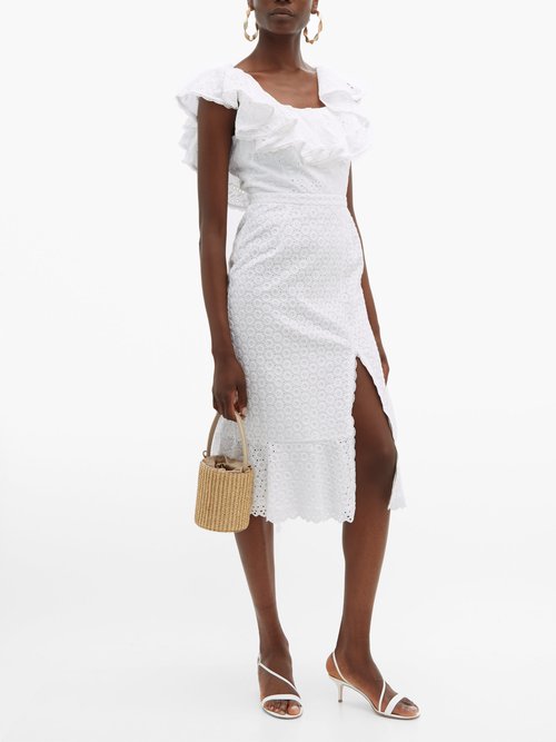 Saloni Ella Ruffled Cotton Broderie Anglaise Midi Dress White - 70% Off Sale