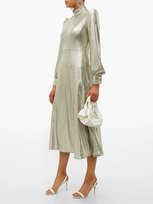 Goat Goldfinch Balloon-sleeve Foiled-jersey Midi Dress Silver - 70% Off Sale