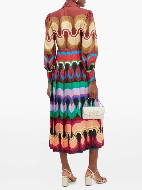Buy Gucci Pleated Wave-print Silk-satin Dress Burgundy Multi online - shop best Gucci clothing sales