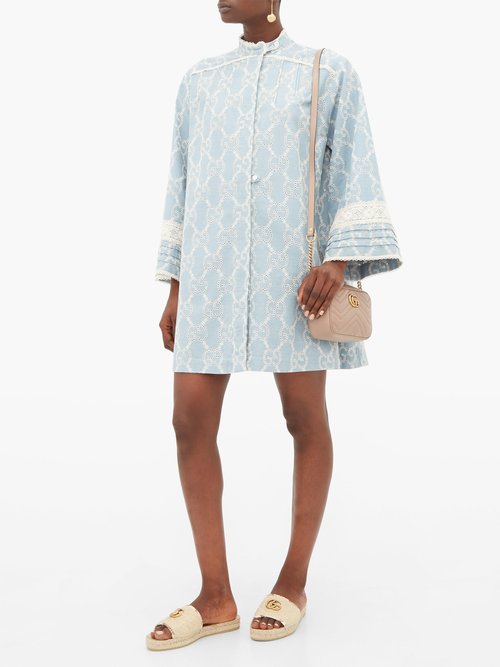 Gucci GG Broderie-anglaise Cotton Mini Dress Blue White