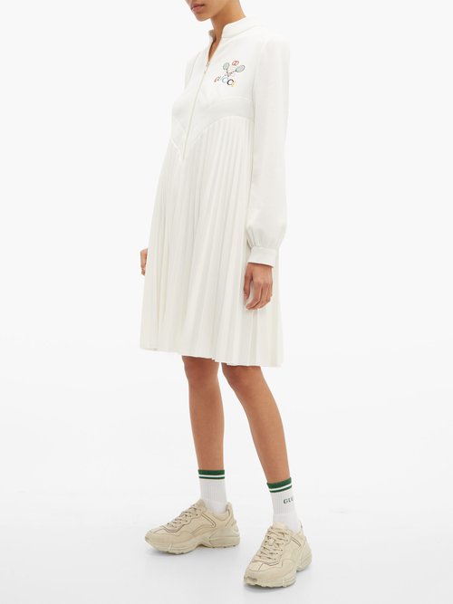 Gucci Tennis Logo-embroidered Pleated Dress Ivory Multi