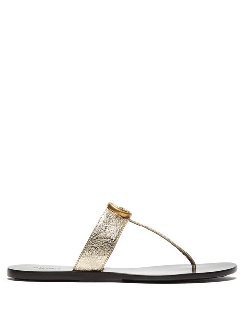 Gucci – GG Marmont T-bar Leather Sandals Gold