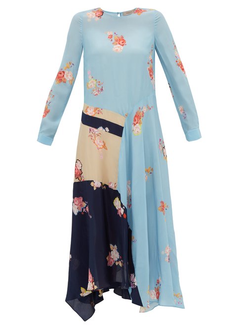 Preen Line - Selena Contrast-panel Floral-print Dress Blue Multi