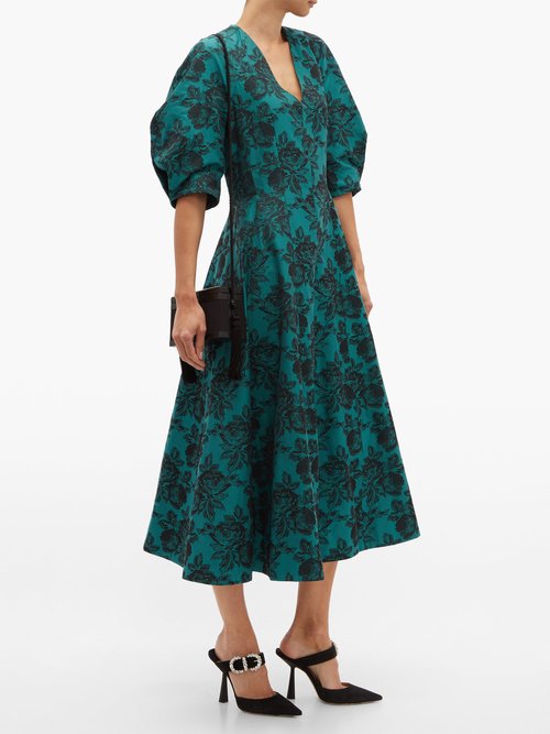 Buy Erdem Cressida Rose-jacquard Cotton Dress Green Multi online - shop best Erdem clothing sales