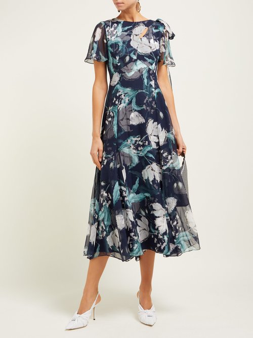 Erdem Kirstie Floral-print Silk-chiffon Midi Dress Navy Multi - 70% Off Sale