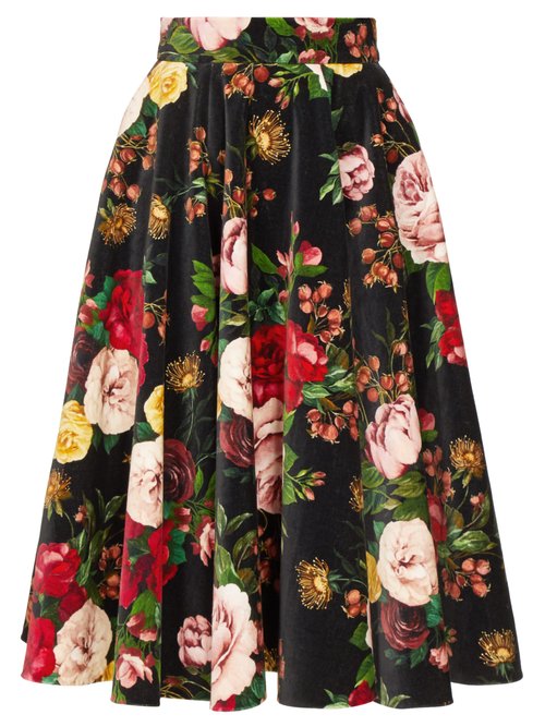Dolce & Gabbana Rose Print Velvet Midi Skirt In Black Multi | ModeSens