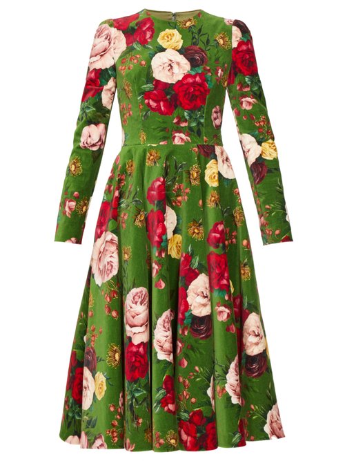 Dolce & Gabbana Rose-print Cotton-blend Velvet Dress In Green Multi ...