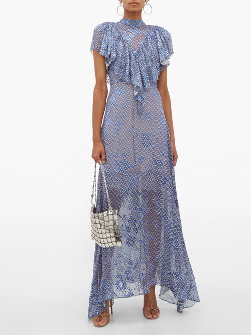 Preen By Thornton Bregazzi Lyla Graphic-print Ruffled Devoré Maxi Dress Blue - 70% Off Sale