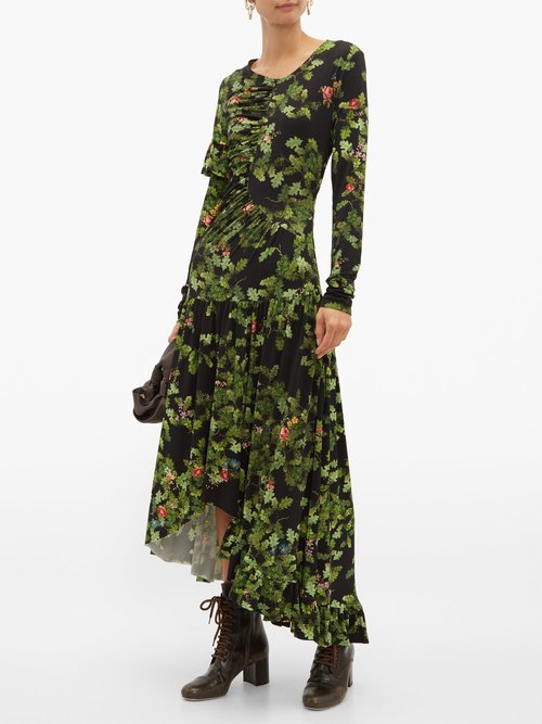 Preen By Thornton Bregazzi Ashley Oak Leaf-print Dress Black Multi - 70% Off Sale