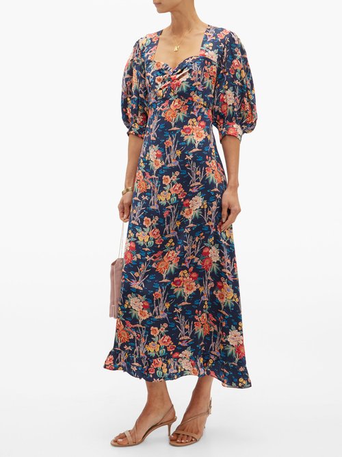 Evi Grintela Vanessa Floral-print Silk-satin Dress Navy Print - 70% Off Sale
