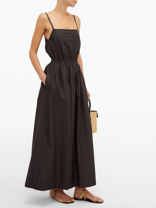 Matteau Elasticated-waist Cotton-poplin Maxi Dress Black - 30% Off Sale