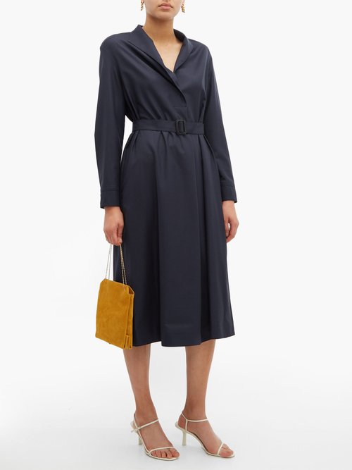 The Row Tula Belted Wool Shirt Dress Navy – 70% Off Sale