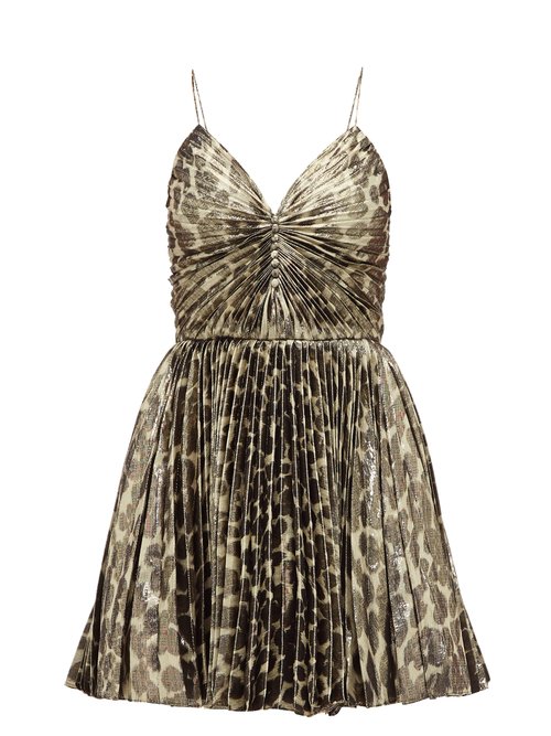 Saint Laurent – Pleated Leopard-print Silk-blend Lamé Mini Dress Leopard