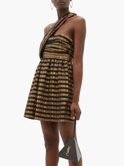 Saint Laurent One-shoulder Striped Lamé Silk-blend Dress Black Gold - 70% Off Sale