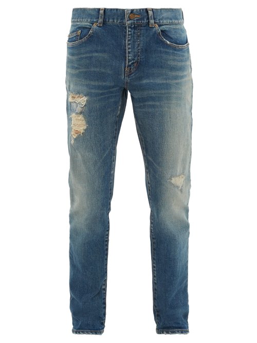 Saint Laurent Low-Waist Distressed Skinny Jeans In Light Blue | ModeSens
