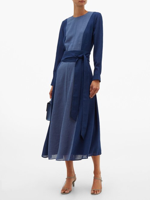 Cefinn Panelled Belted Voile Midi Dress Blue Multi - 70% Off Sale