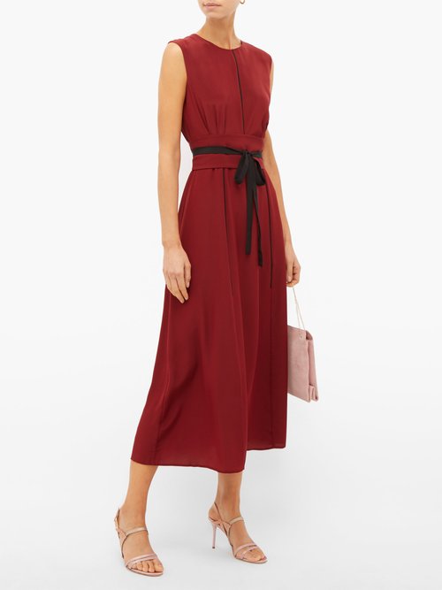 Cefinn Tie-waist Pleated Silk Midi Dress Burgundy - 70% Off Sale