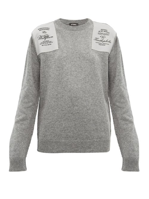 Raf Simons Embroidered Shoulder Patch Wool Sweater In Grey | ModeSens