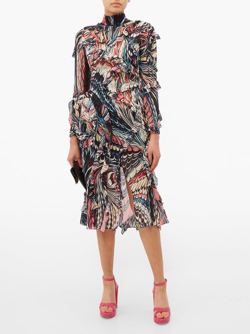 Mary Katrantzou Abstract-print Ruffled Silk-georgette Dress Black Multi - 70% Off Sale