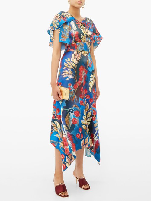 Peter Pilotto Cape-sleeve Floral-print Silk Midi Dress Blue Multi - 70% Off Sale