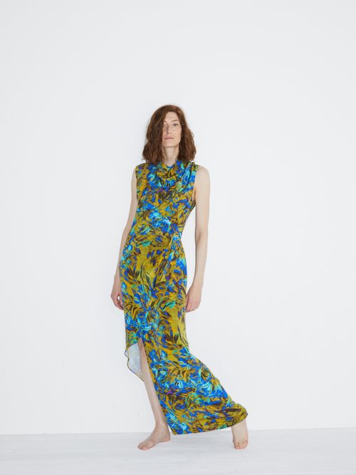 Raey Cowl-neck Asymmetric Uv Floral-print Silk Dress Blue Print - 70% Off Sale