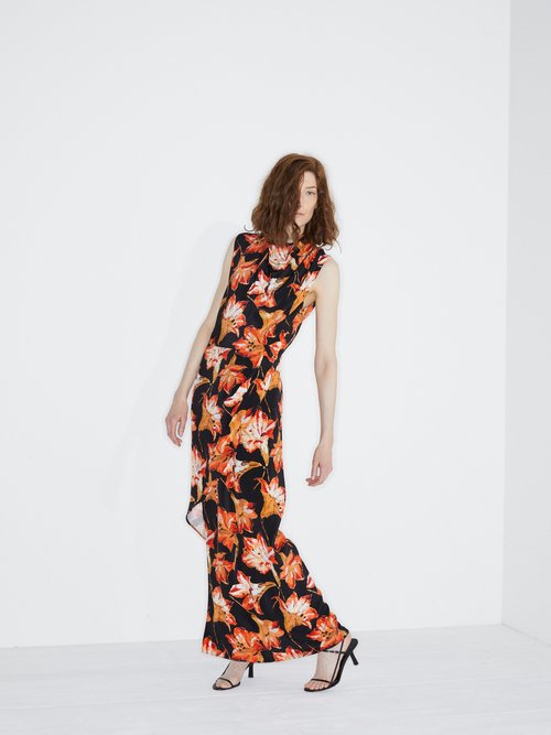 Raey Cowl-neck Asymmetric Lily-print Silk Dress Red Print - 70% Off Sale