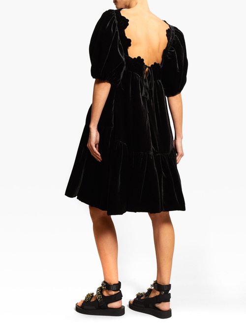 Cecilie Bahnsen Aviaja Puff-sleeve Tiered Velvet Dress Black - 60% Off Sale