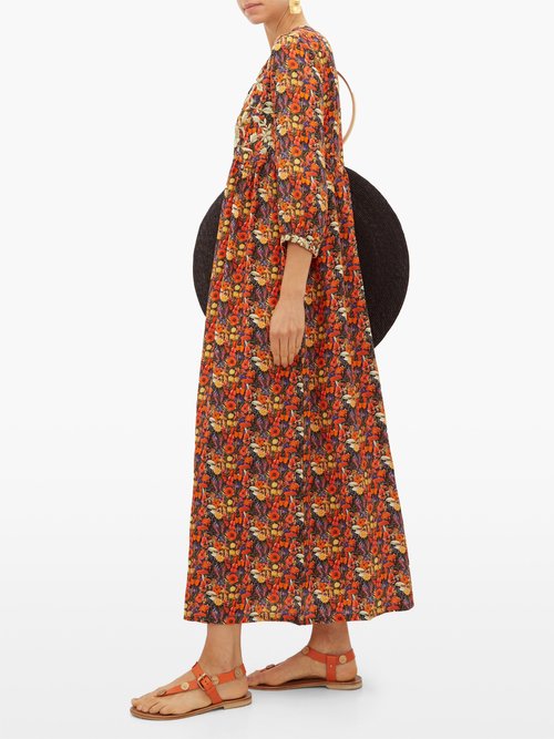 Muzungu Sisters Touba Embroidered Floral-print Silk Dress Orange Multi