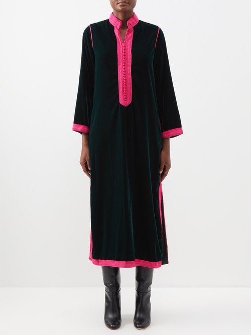 Muzungu Sisters - Alia Woven-trim Velvet Tunic Dress Dark Green