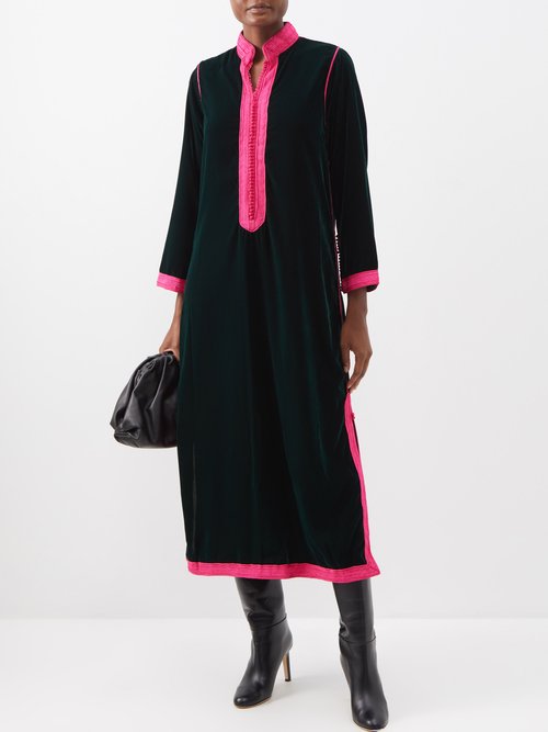 Muzungu Sisters Alia Woven-trim Velvet Tunic Dress Dark Green