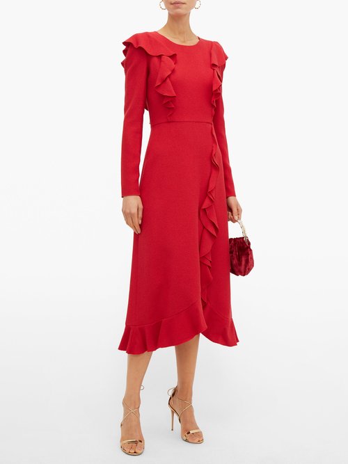 Giambattista Valli Ruffled Bouclé Midi Dress Red - 70% Off Sale