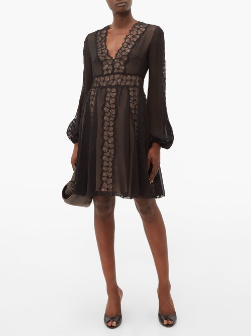 Giambattista Valli Floral Lace-trim Silk-georgette Dress Black - 70% Off Sale
