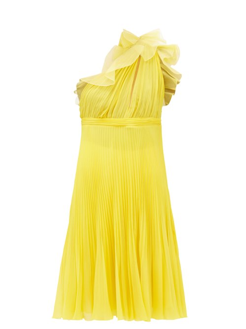 Giambattista Valli - Pleated Silk One-shoulder Ruffle Dress Yellow