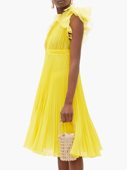 Giambattista Valli Pleated Silk One-shoulder Ruffle Dress Yellow - 70% Off Sale