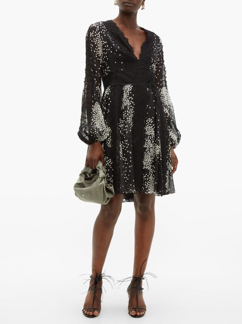 Giambattista Valli Square-print Lace-trim Silk-georgette Dress Black White - 70% Off Sale