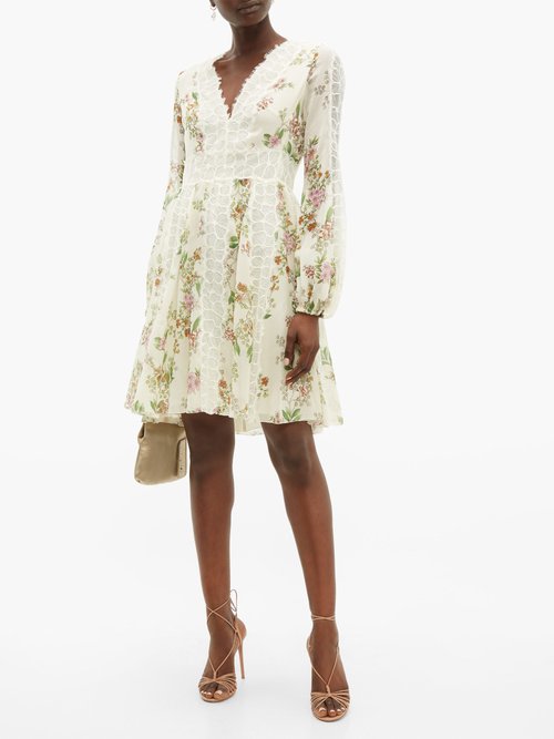 Giambattista Valli Floral-print Lace-insert Silk Dress Ivory Multi - 70% Off Sale