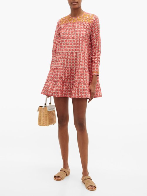 Muzungu Sisters Lily Embroidered Geometric-print Cotton Dress Pink Multi - 70% Off Sale