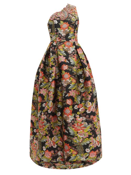 Andrew Gn Crystal Embellished Floral Brocade Gown In Black Multi | ModeSens