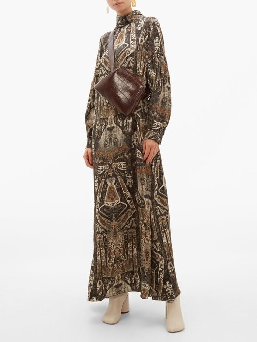 Edward Crutchley Raja-print Long-sleeved Silk Maxi Dress Brown Multi - 70% Off Sale