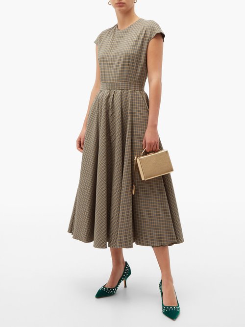 Buy Rochas Full-skirt Checked Wool-blend Midi Dress Brown Multi online - shop best Rochas clothing sales