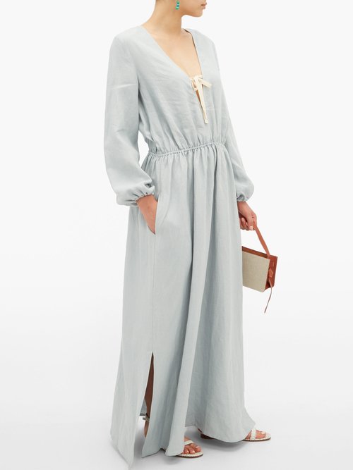 White Story Greta Linen Maxi Dress Light Blue - 70% Off Sale