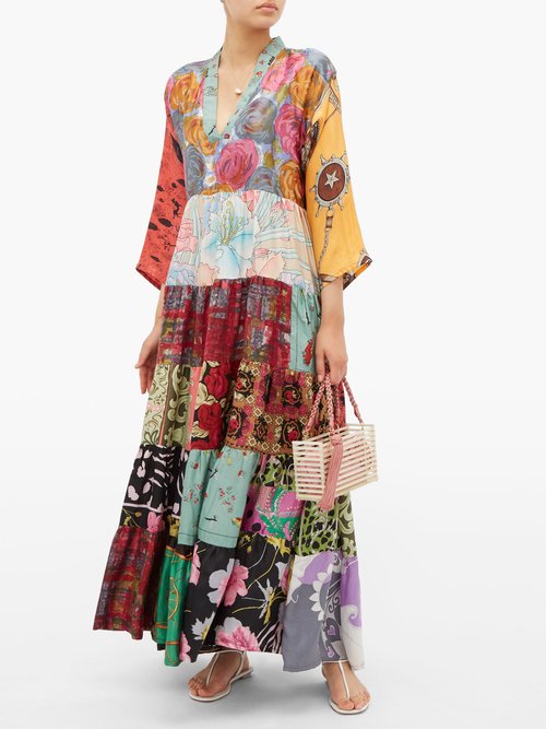 Rianna + Nina Vintage Patchwork-print V-neck Silk Dress Multi