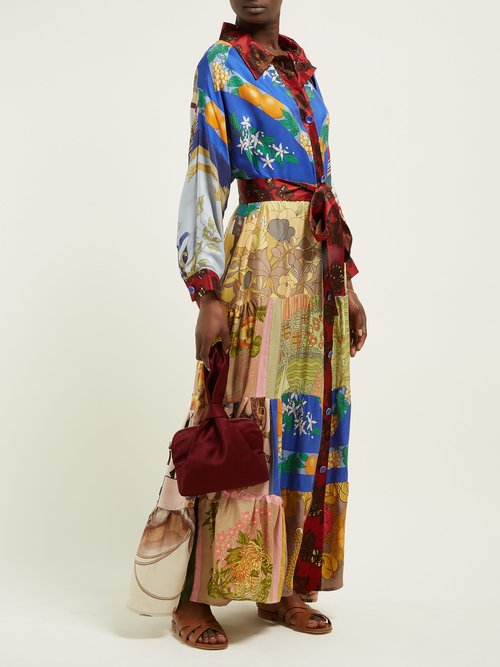 Rianna + Nina Vintage Patchwork Belted Silk Maxi Shirt Dress Multi