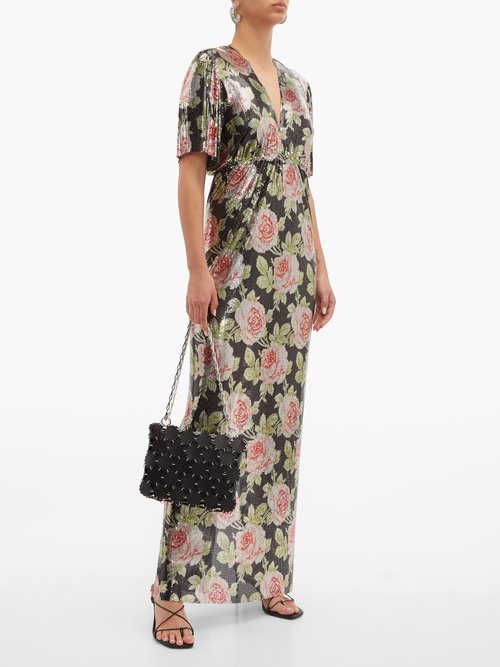 Paco Rabanne Rose-print Chainmail Maxi Dress Black Pink - 70% Off Sale