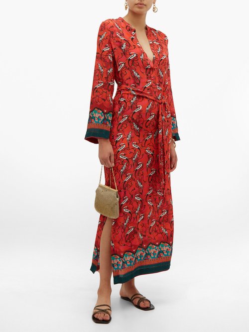 Chufy Najima Bird-print Crepe Dress Red Multi - 70% Off Sale