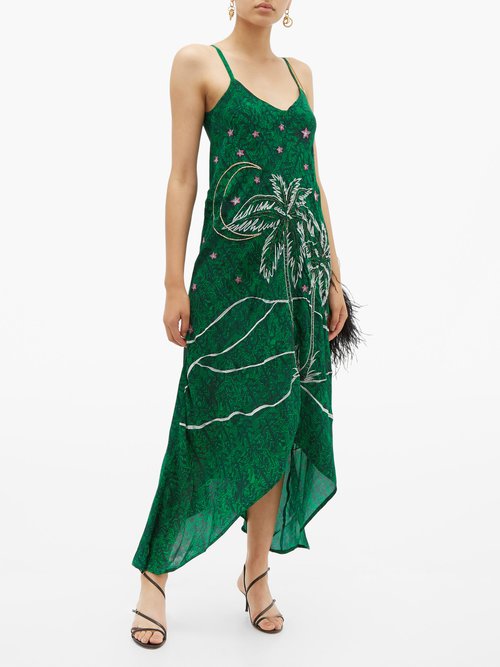 Chufy Kaf Embroidered Abstract-print Crepe Dress Green Print - 70% Off Sale