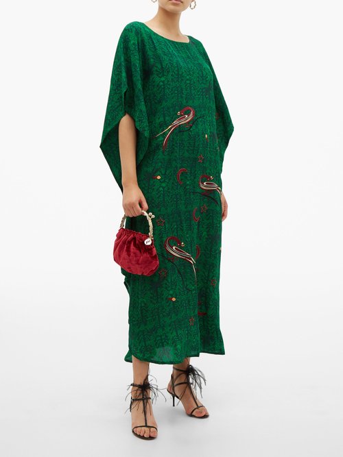 Chufy Kaf Peacock And Celestial-embroidered Kaftan Dress Green Print - 70% Off Sale
