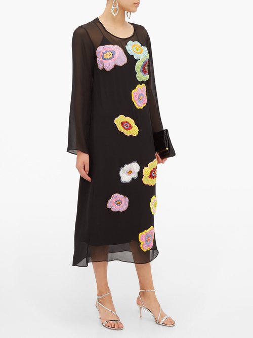 Romance Was Born New Power Generation Floral-appliqué Chiffon Dress Black Multi - 70% Off Sale