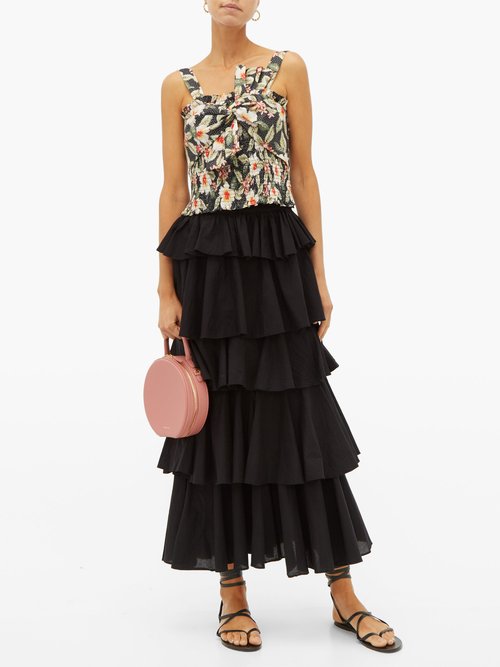 Buy Rebecca Taylor Kamea Shirred Floral-print Cotton Top Black Multi online - shop best Rebecca Taylor Tops
